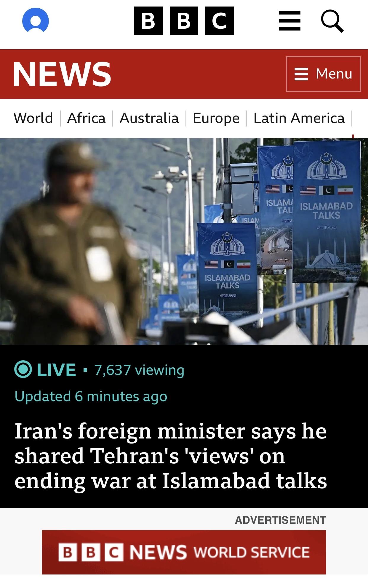 英媒：伊朗媒体称阿拉格奇已经离开伊斯兰堡

英国广播公司(BBC)官网4月25日