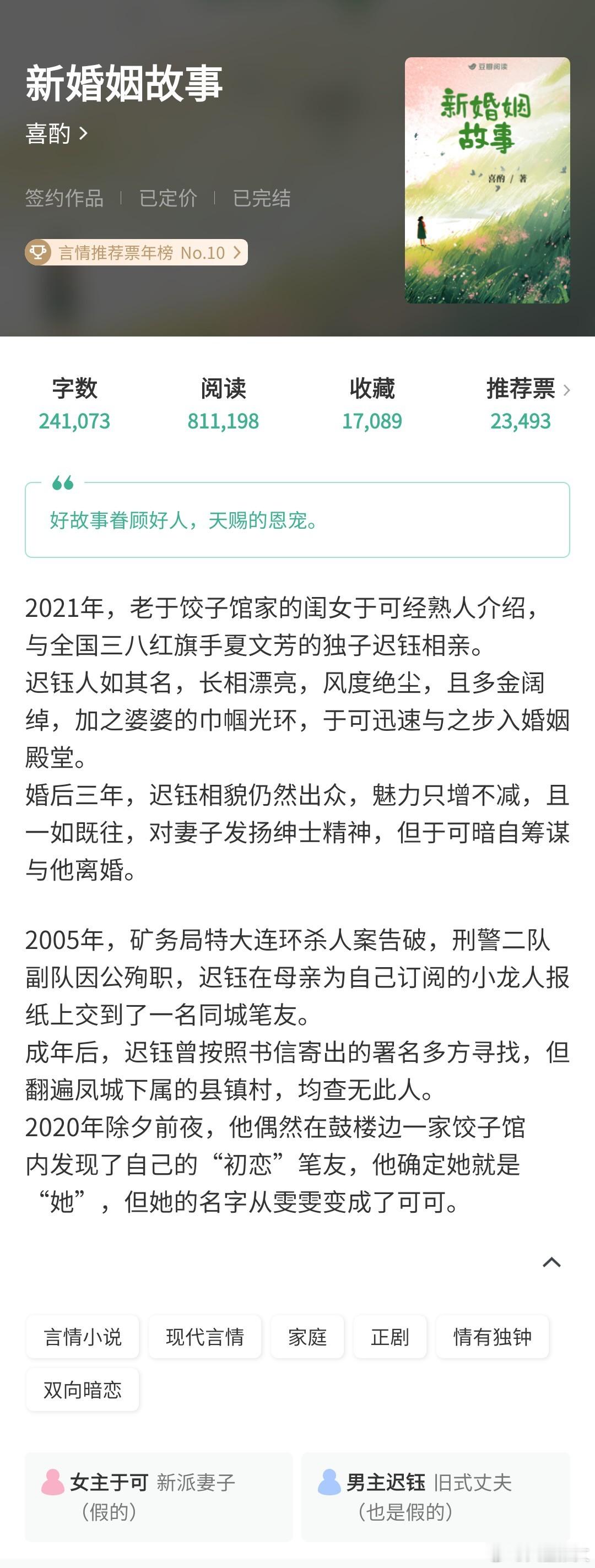《新婚姻故事》喜酌24w，先婚后爱，暗恋，离婚边缘追妻这本叙事节奏挺好的，开篇女