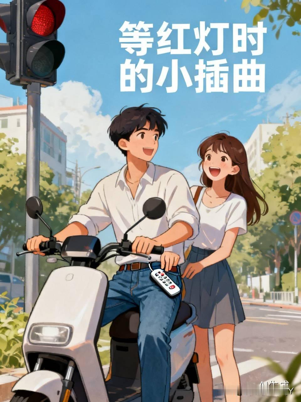 有个男子骑在电动车上乖乖等红绿灯，估计是觉得这红灯像个磨人的小妖精，等得时间忒长