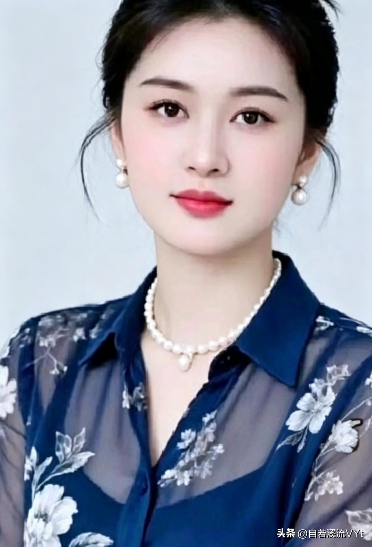 七律·清韵
 
云鬓轻梳素态柔，
珍珠缀颈衬清眸。
蓝衫浅透凝霜蕊，
黛笔微描蕴