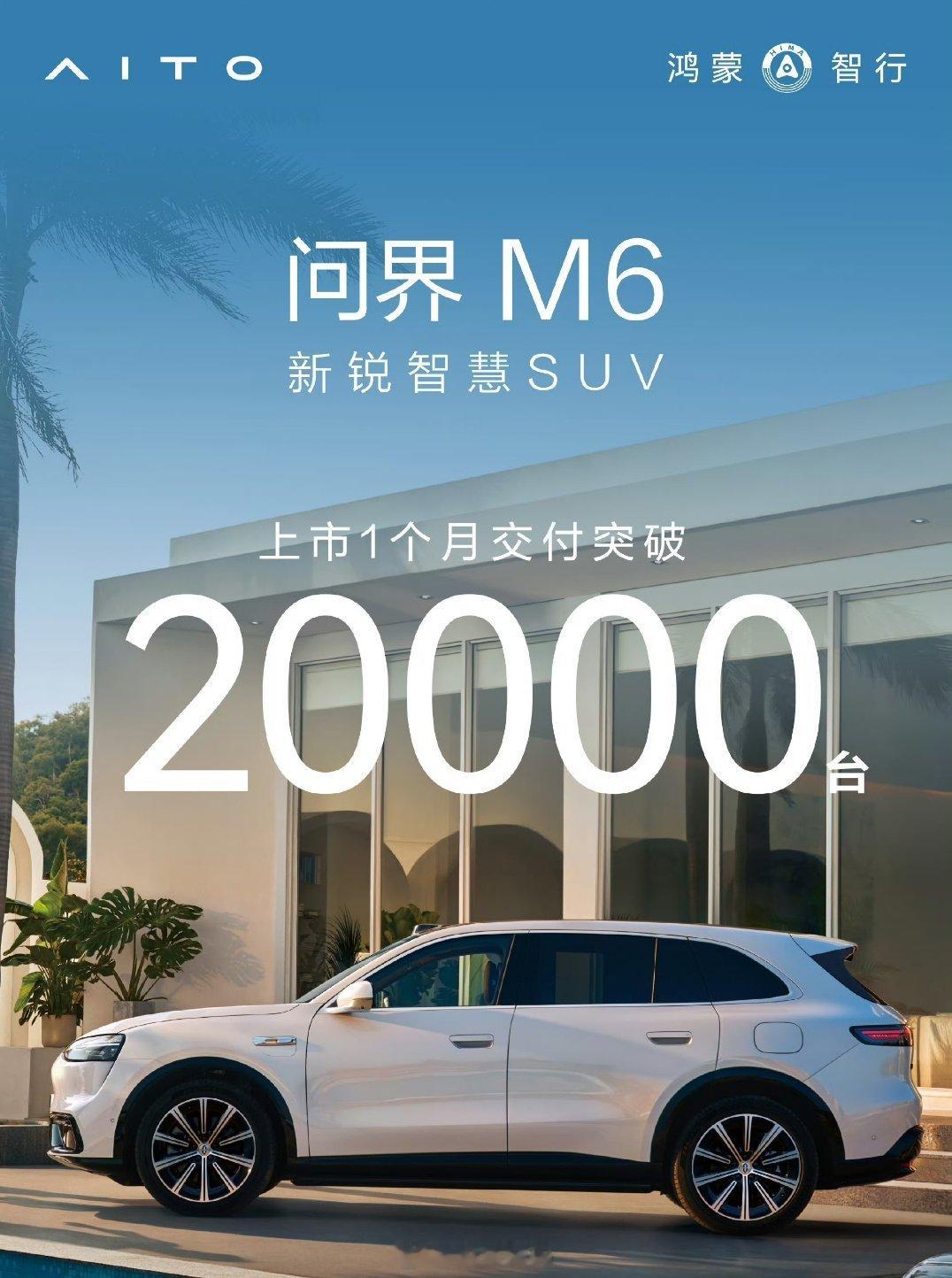 问界M6上市首月交付量突破 20000 台，这数据确实牛逼。 