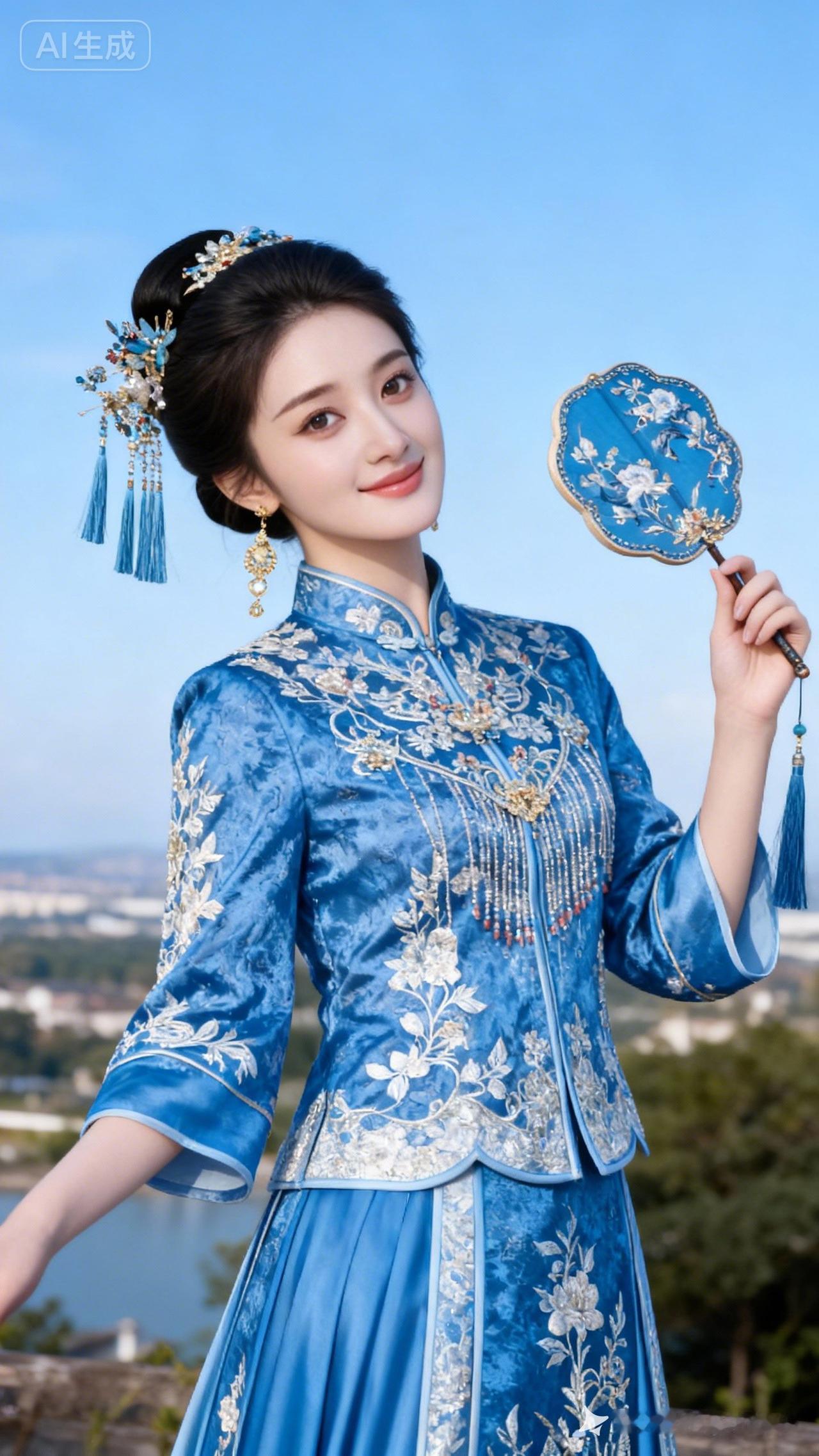 蓝衣美人，古风韵味，手持团扇，优雅动人。