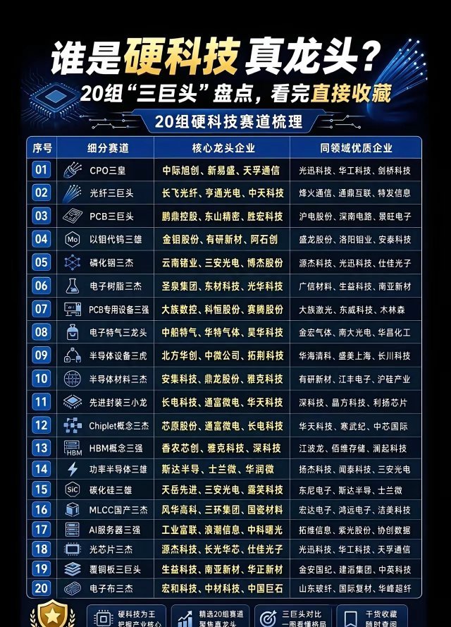 收藏｜芯片全细分赛道龙头汇总，20组硬科技三巨头一次性理清硬科技产业链表格，覆盖