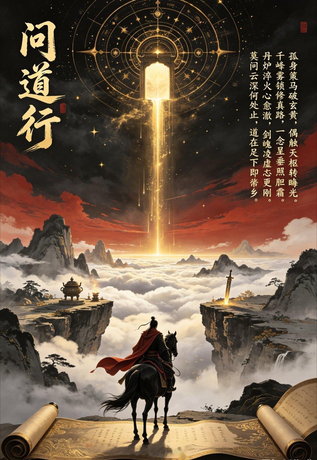 《问道行》孤身策马破玄黄，偶触天枢转晦光。千峰雾锁修真路，一念星垂照胆霜。丹炉淬