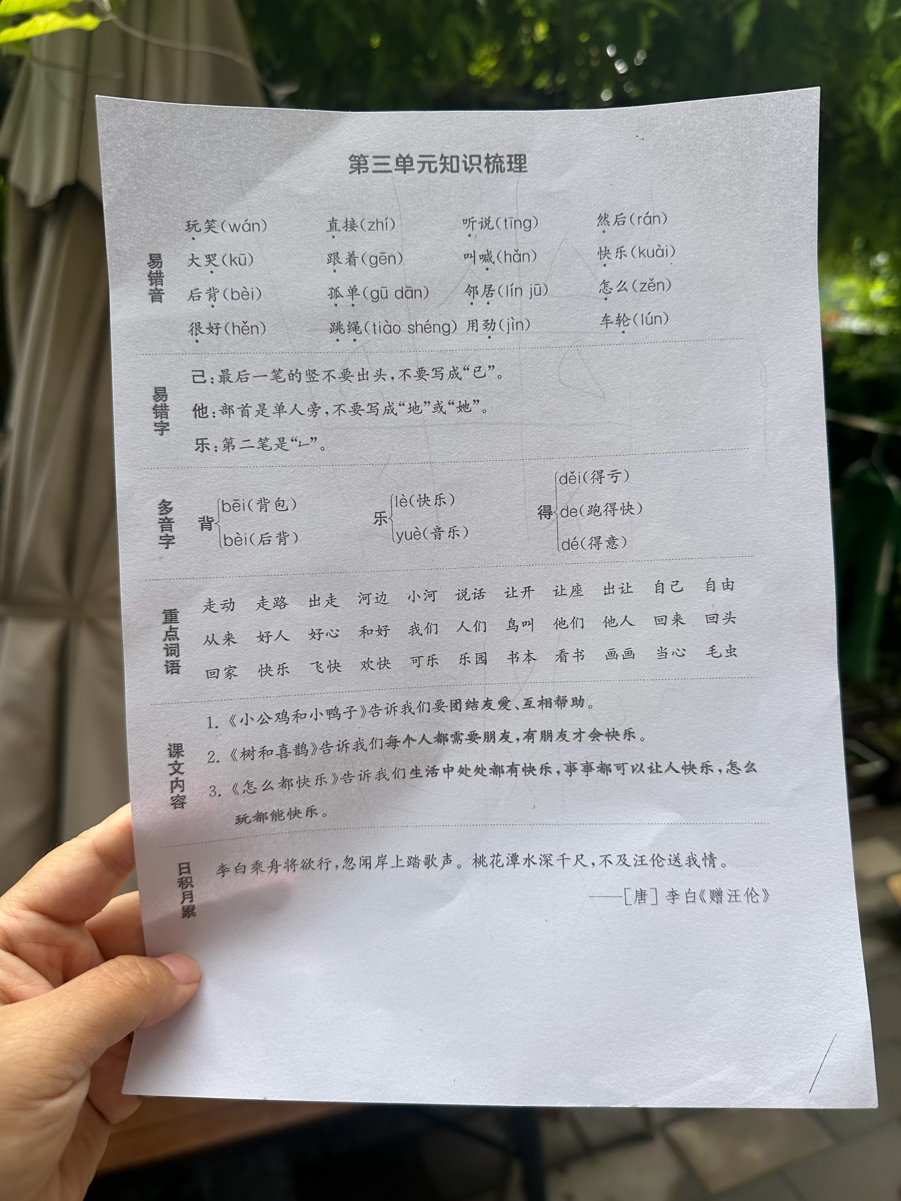 一年级的四个单元知识梳理琪琪他们老师发的正好都带回来了，需要给娃期末复习的，可以