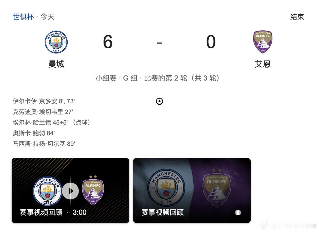 曼城6比0赢了艾因，总净胜球来到了8个，追平了你妇（总净胜球同样是8个），但你妇