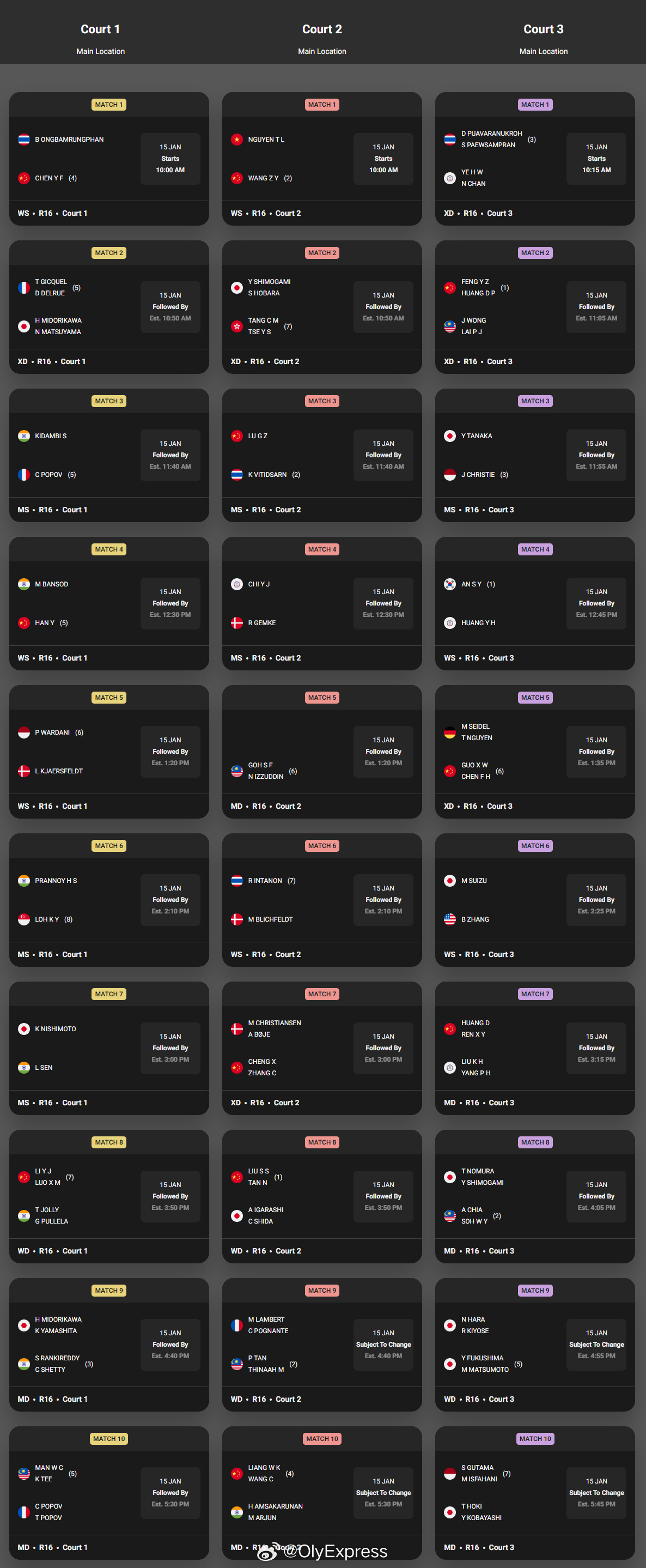 【印度羽毛球赛次轮赛程对阵】2026年印度羽毛球公开赛羽联超级赛1月15日新德里