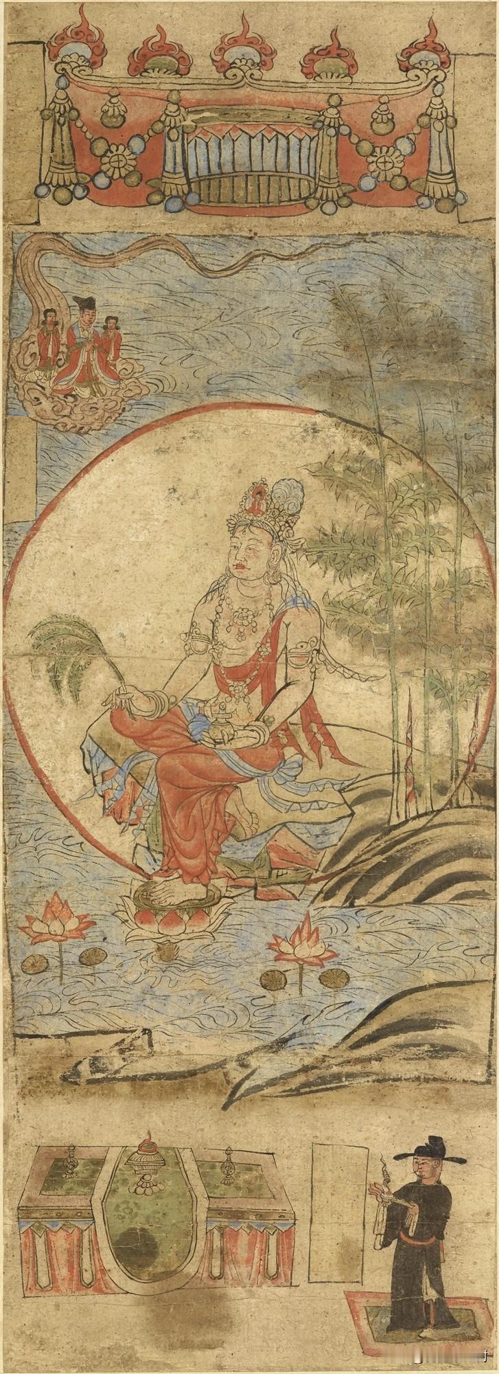 敦煌藏经洞出土唐画｜这便是千年前国人心中的水月观音
 
历经一千多年的旧纸绢本，