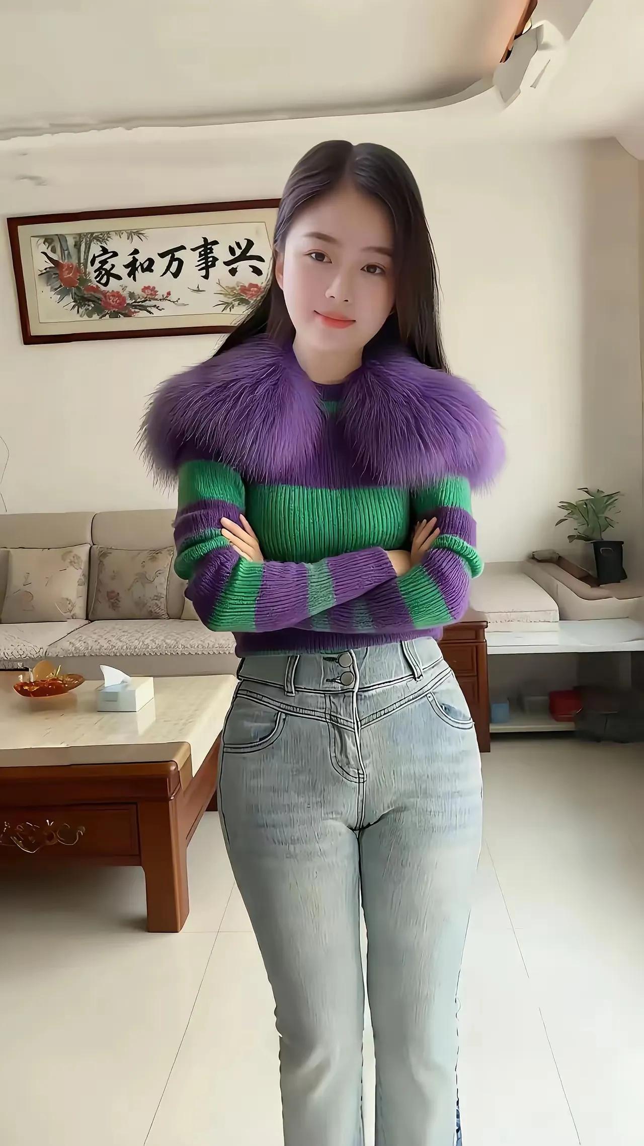 甜美少女风穿搭来啦！紫绿毛衣配牛仔裤，清新还吸睛✨
今儿个分享套超适合日常的甜美