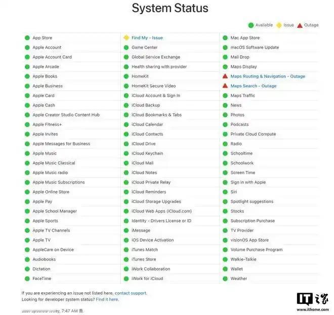 6月29日，苹果官网系统状态页面显示，Apple Maps搜索及导航服务在全球多