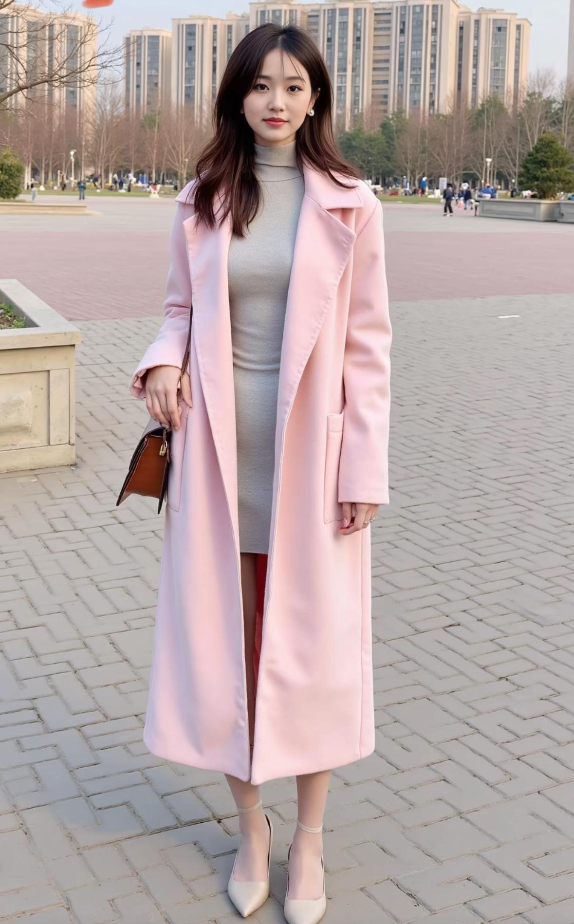 粉色大衣搭配灰色高领毛衣，简约优雅，秋日穿搭指南🍂👗👠