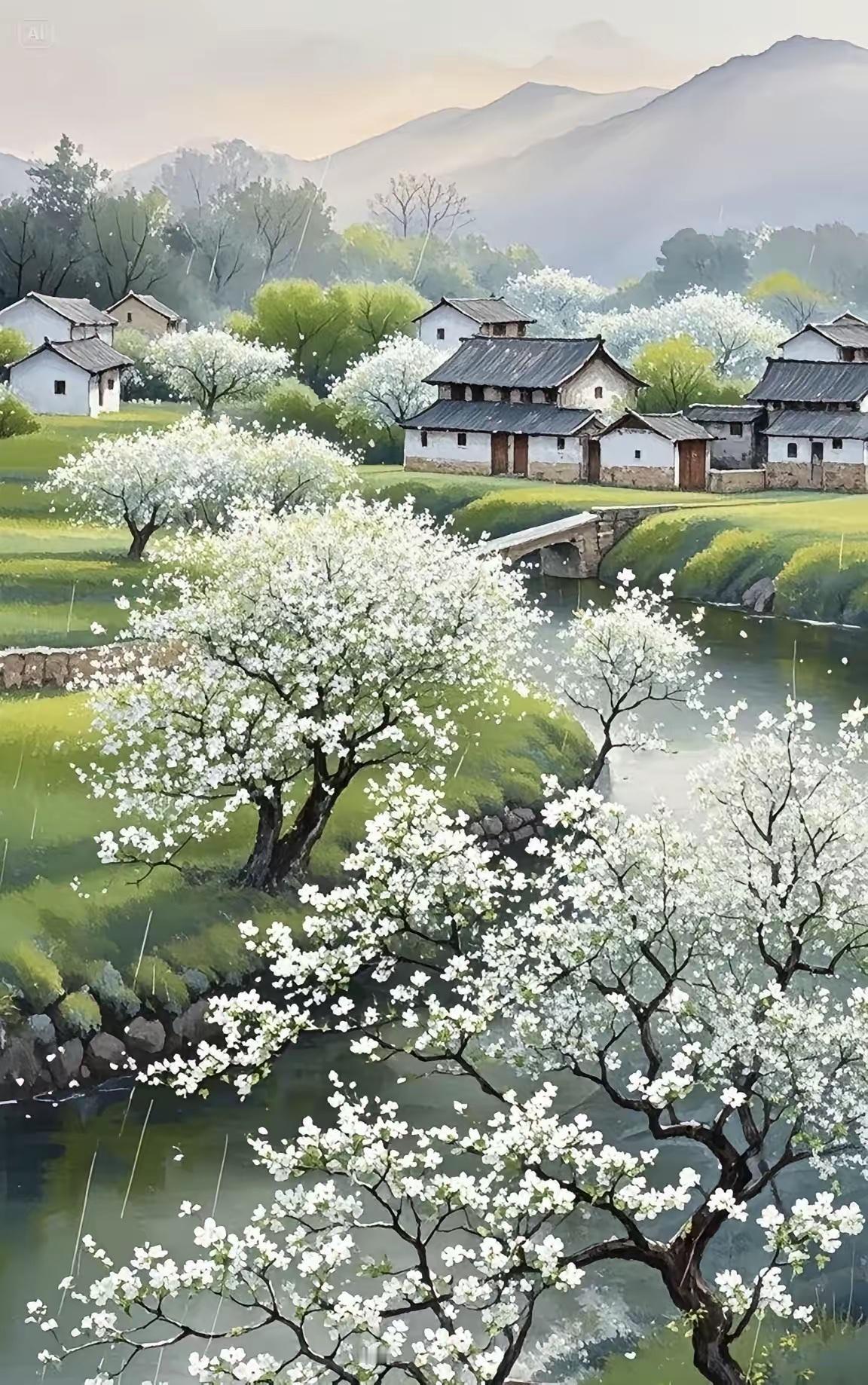 梨花漫作村头雪，
醉美当观中秋月。
横批：《村头与中秋》