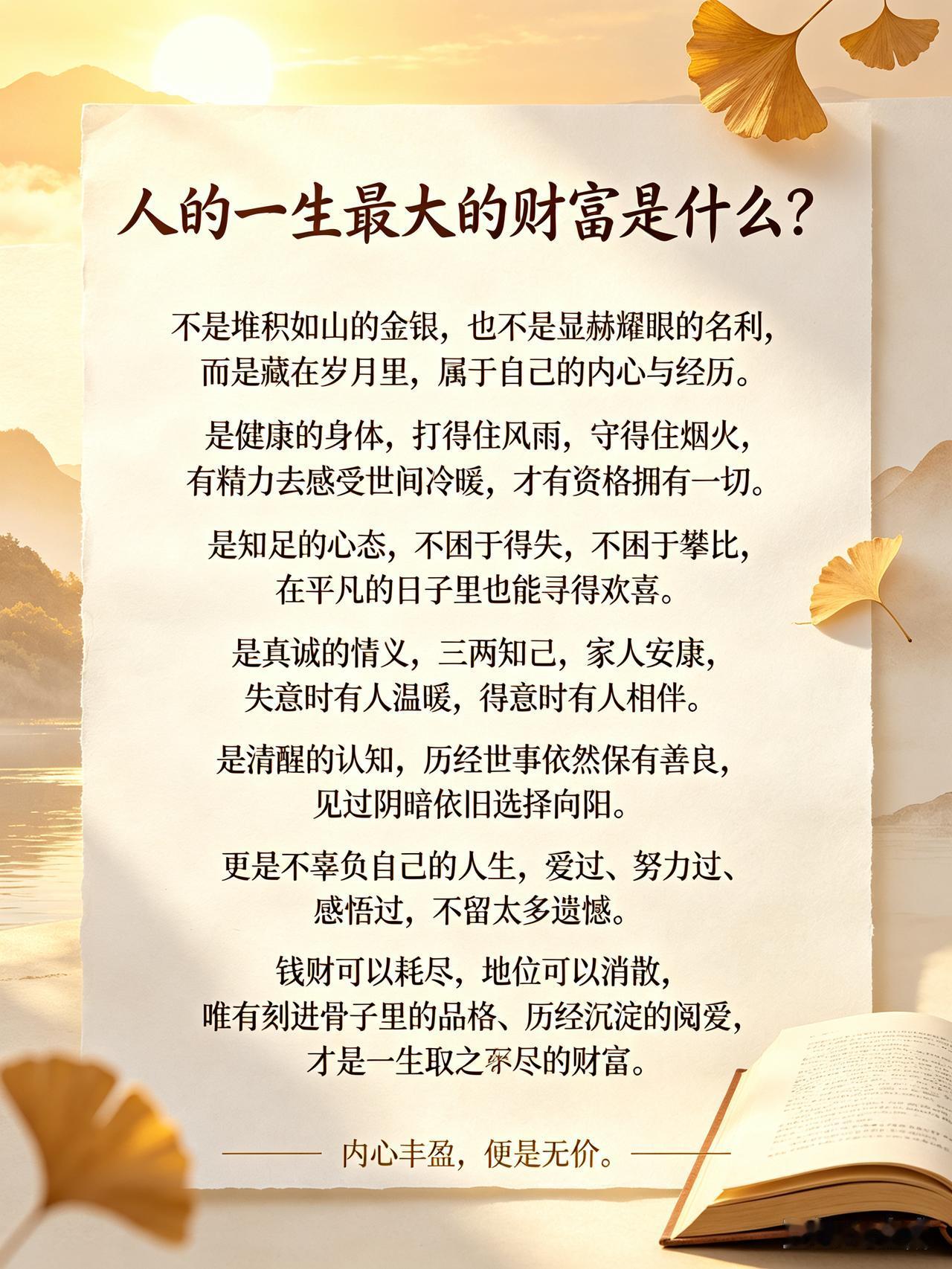 人的一生最大的财富是什么?不是堆积如山的金银，也不是显赫耀眼的名利，而是藏在岁月