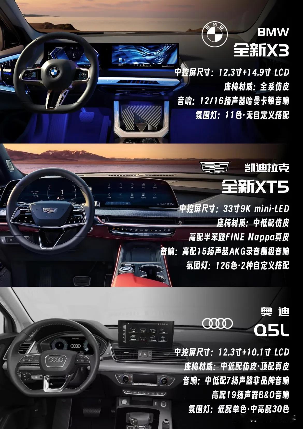 十分好奇奥迪 Q5 内饰为什么不更新换代？
看看同级车型宝马 X3、XT5 都已