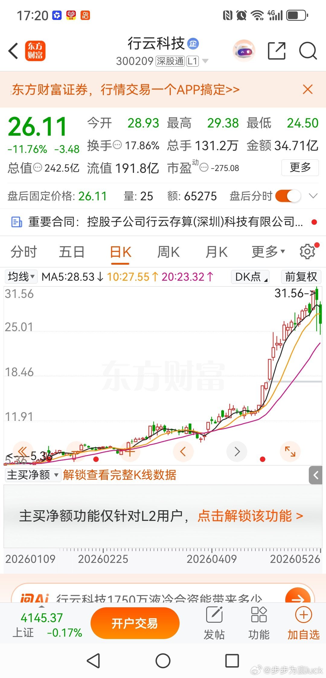 行云科技，还有谁愿意去赌这支票？在连续大涨后，5月25日大跌4.24%、成交42