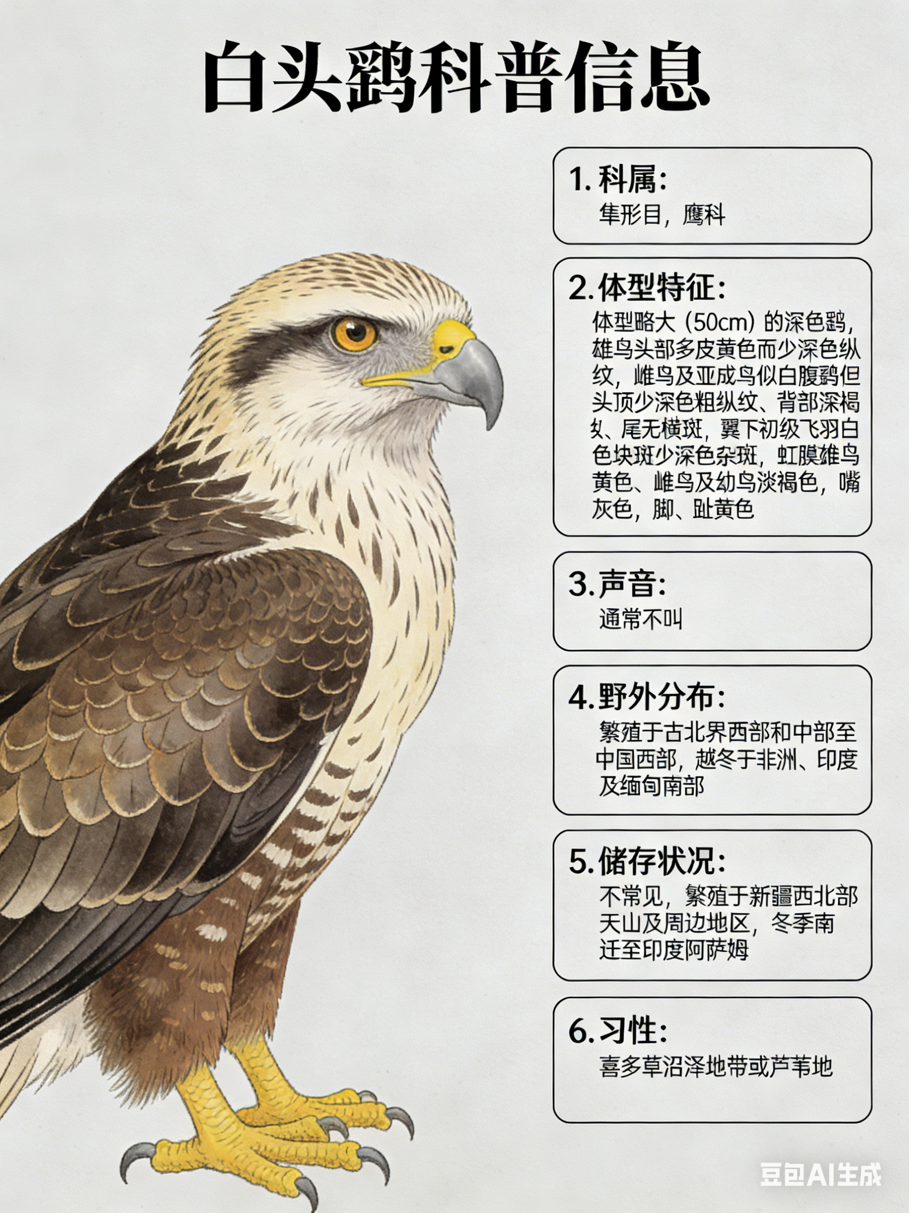 鸟类朋友图鉴 白头鹞·科属：隼形目，鹰科。·外形特征：体型略大（50cm）的深色