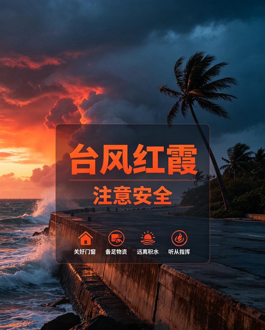 各位朋友注意❗台风“红霞”来袭，大风暴雨将至。尽量减少外出，关好门窗，远离积水、