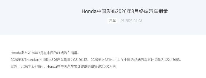 本田中国3月销量36,201辆，同比下滑34%
