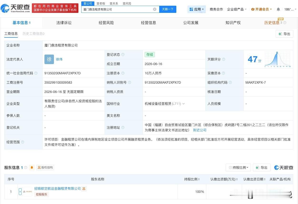 【招商银行在厦门成立租赁公司】
天眼查 App 显示，近日，厦门鼎浩租赁有限公司