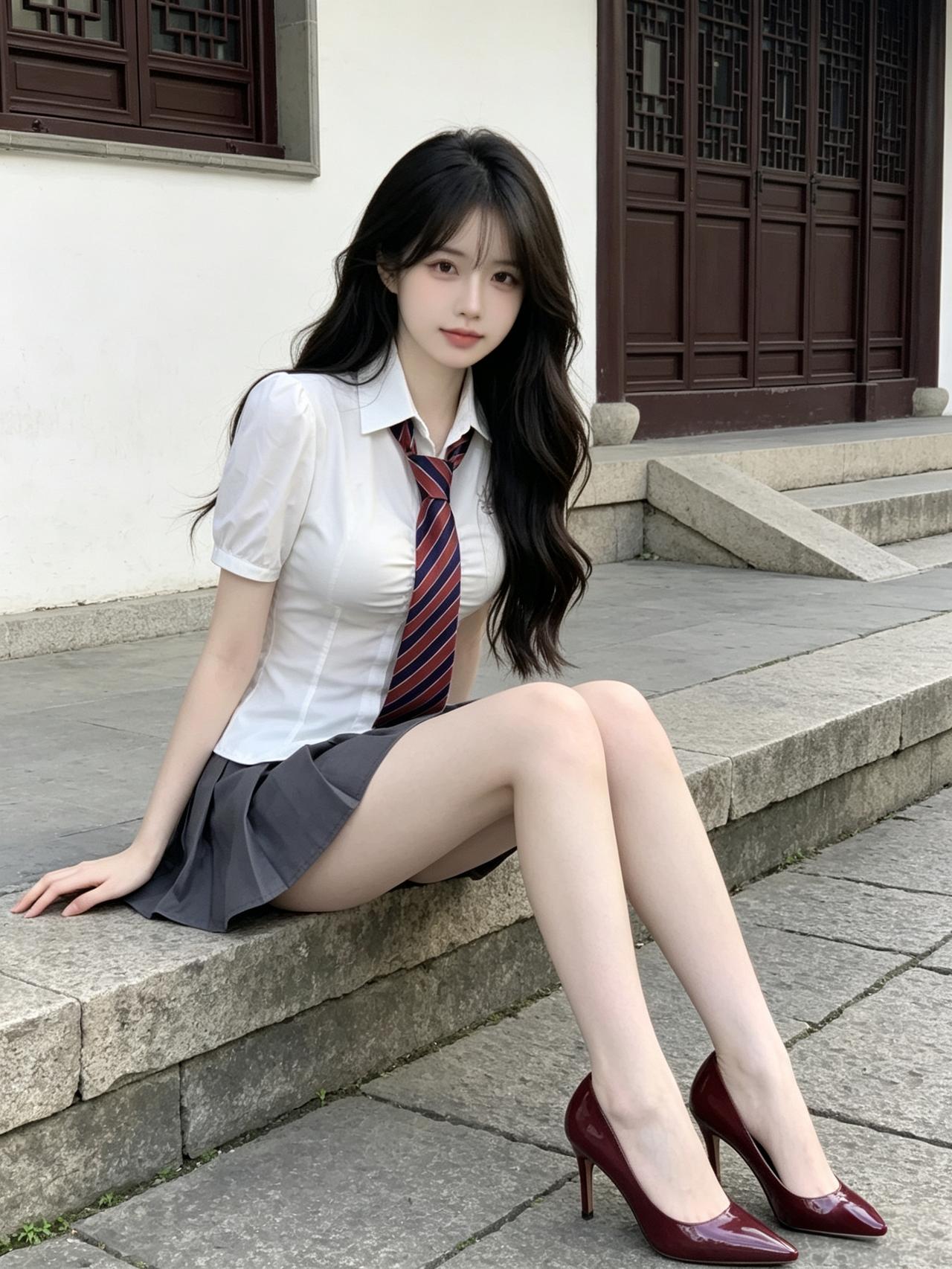 什么样的穿搭可以成为气质女神?校服加红高跟鞋，甜酷少女上线啦！坐在石阶上，眼神温