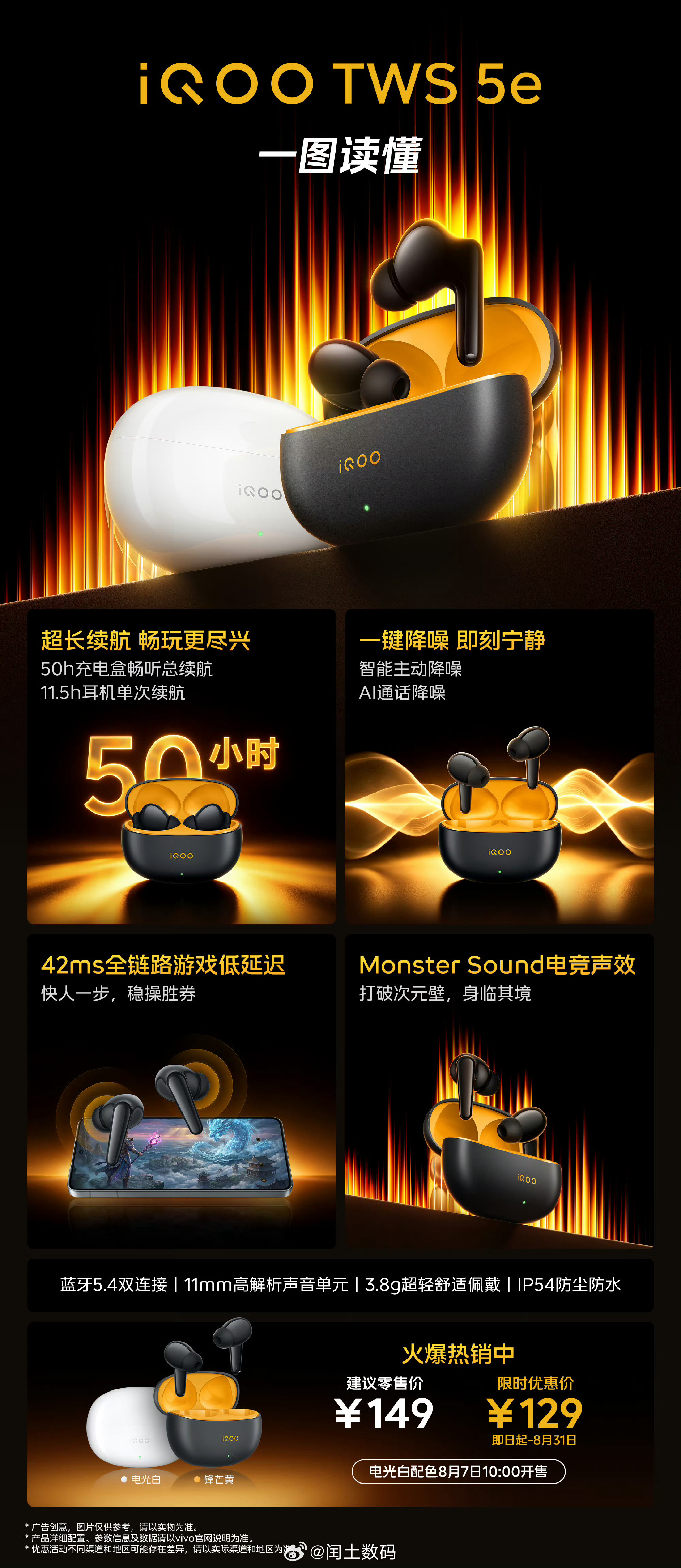 一图看懂iQOO TWS 5e①50h超长续航，畅玩更尽兴；②智能主动降噪，一键