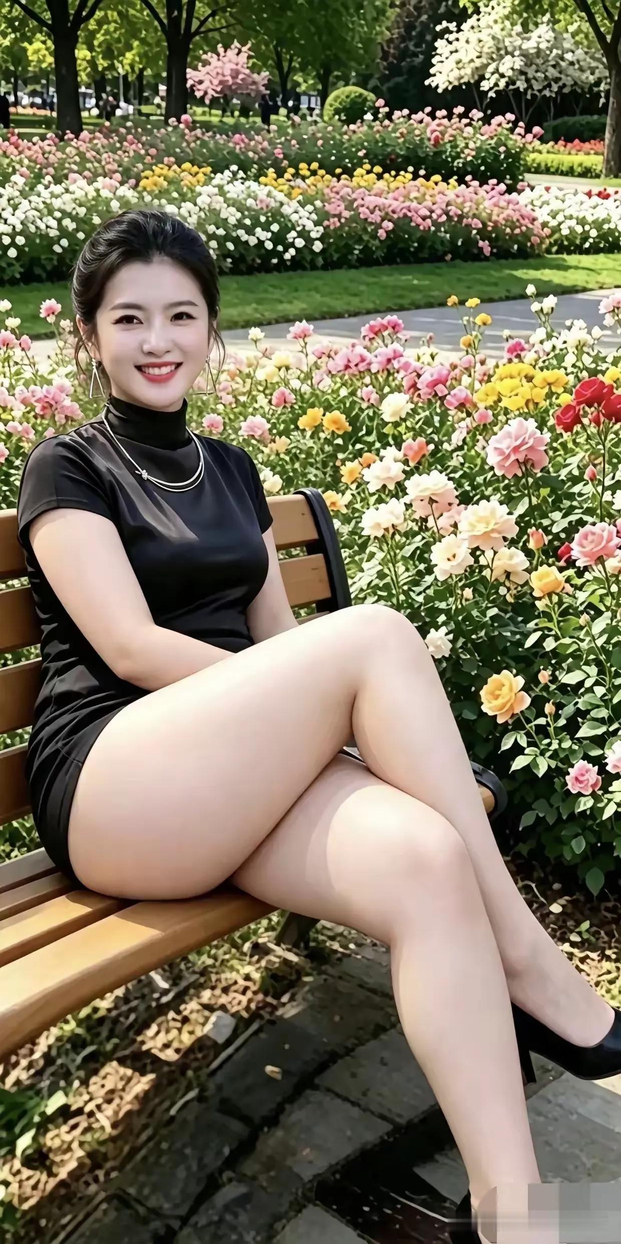 繁花烂漫映秋色，
静坐长椅望池泽。
浅笑微风添雅意，
满园芳香伴佳人。