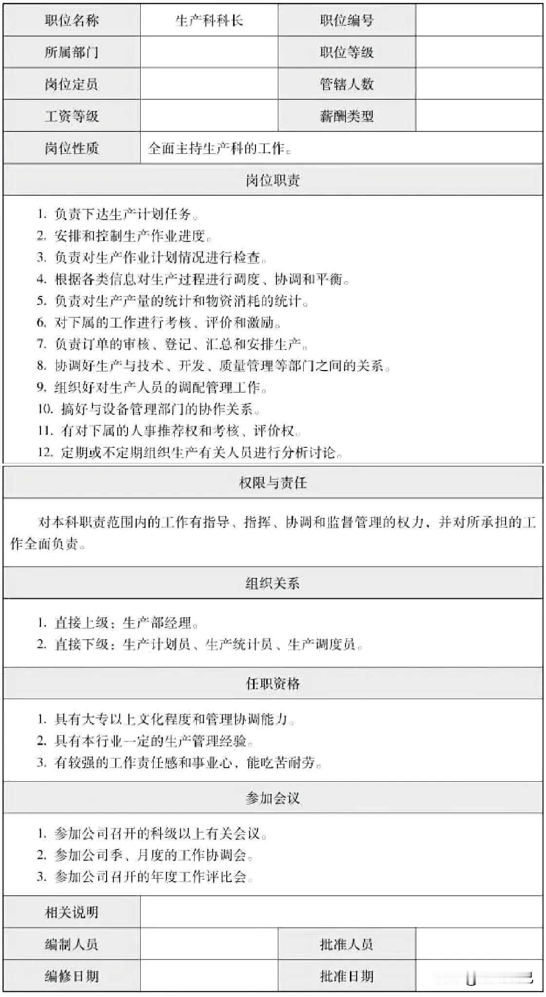 生产科科长岗位说明书