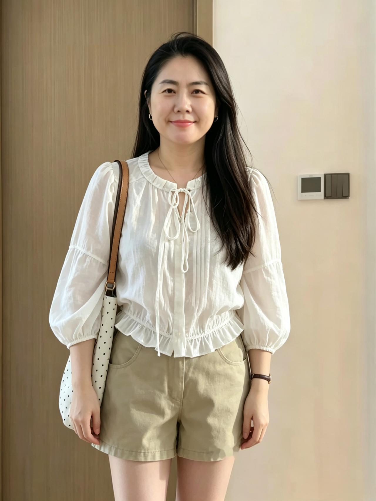 柔纱束带衬云肩，泡泡宽袖拢清欢。
浅棕短裤衬温婉，一笑清柔胜玉兰。