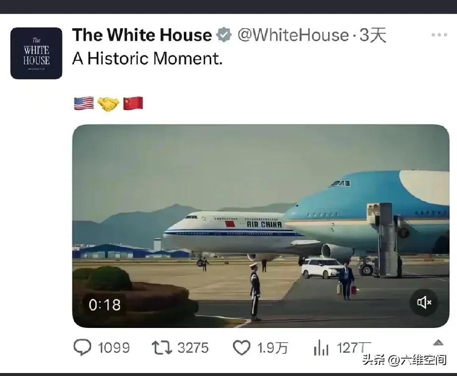 美国人最懂宣传了，白宫的官号用一张照片里的两国的专机，就能让世界感觉到G2呼之欲