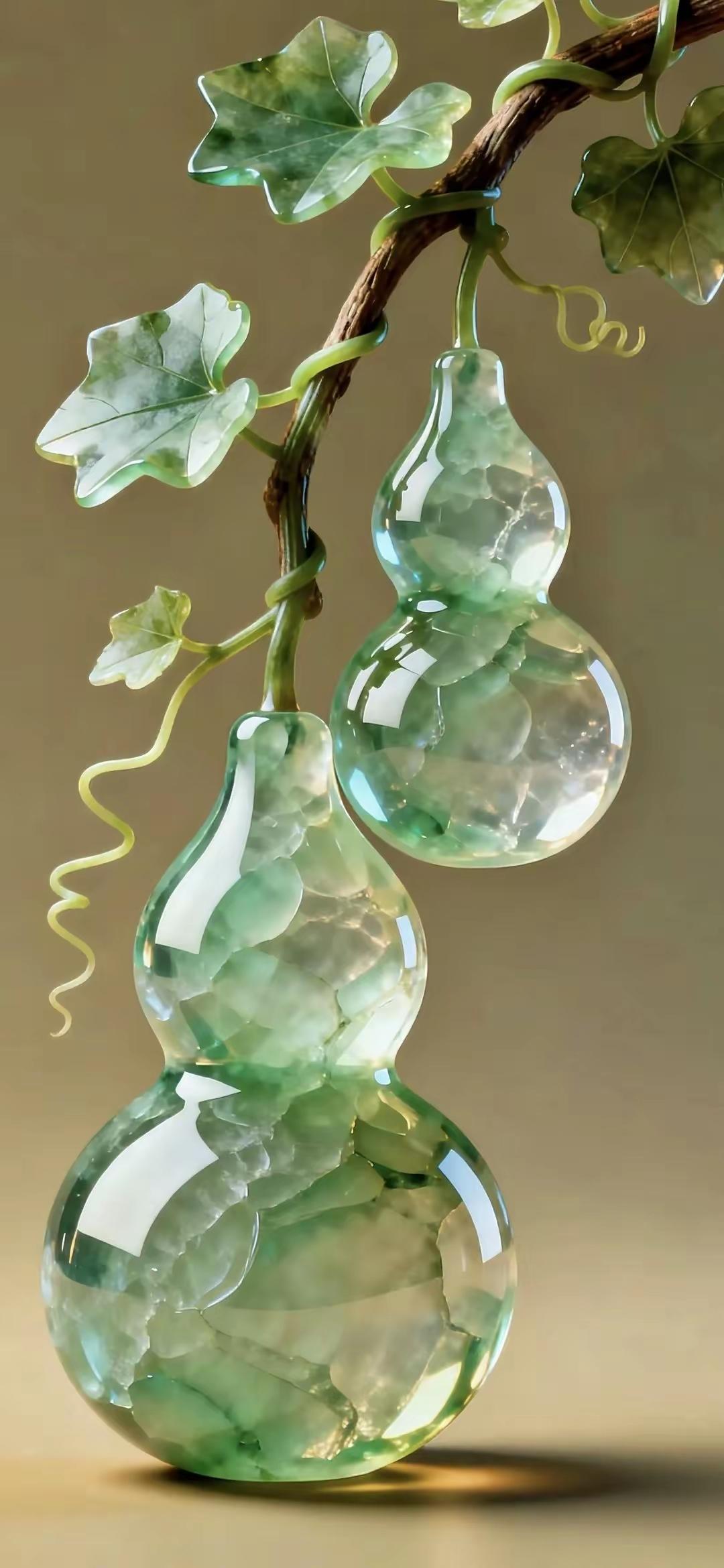 手机壁纸～玉质葫芦缠于青藤，莹润通透，自带中式独有的温柔寓意。葫芦谐音福禄，藤蔓