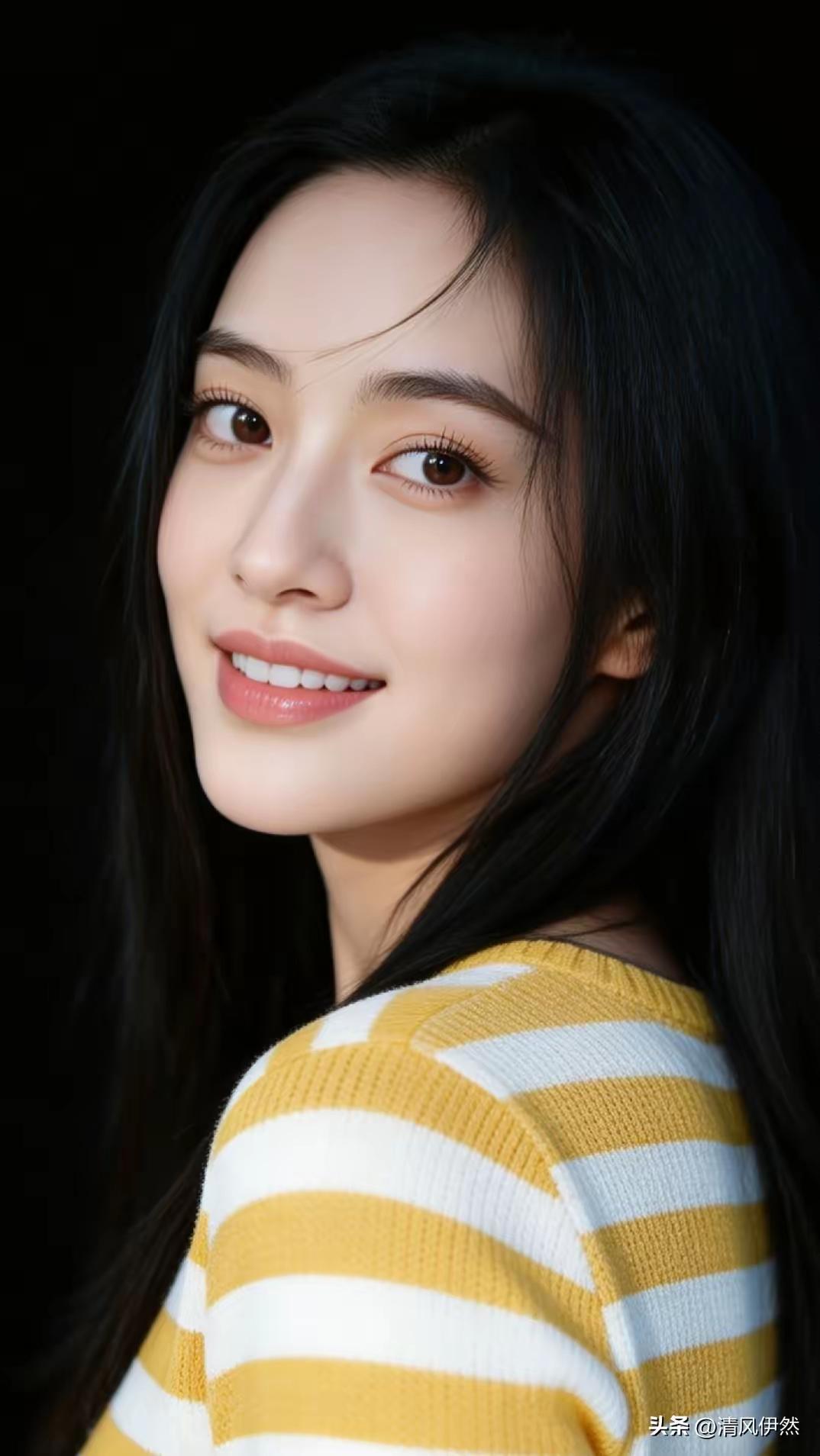 元气少女，甜美笑容，温暖阳光，黄白条纹毛衣，青春活力！🍀🌸🌴