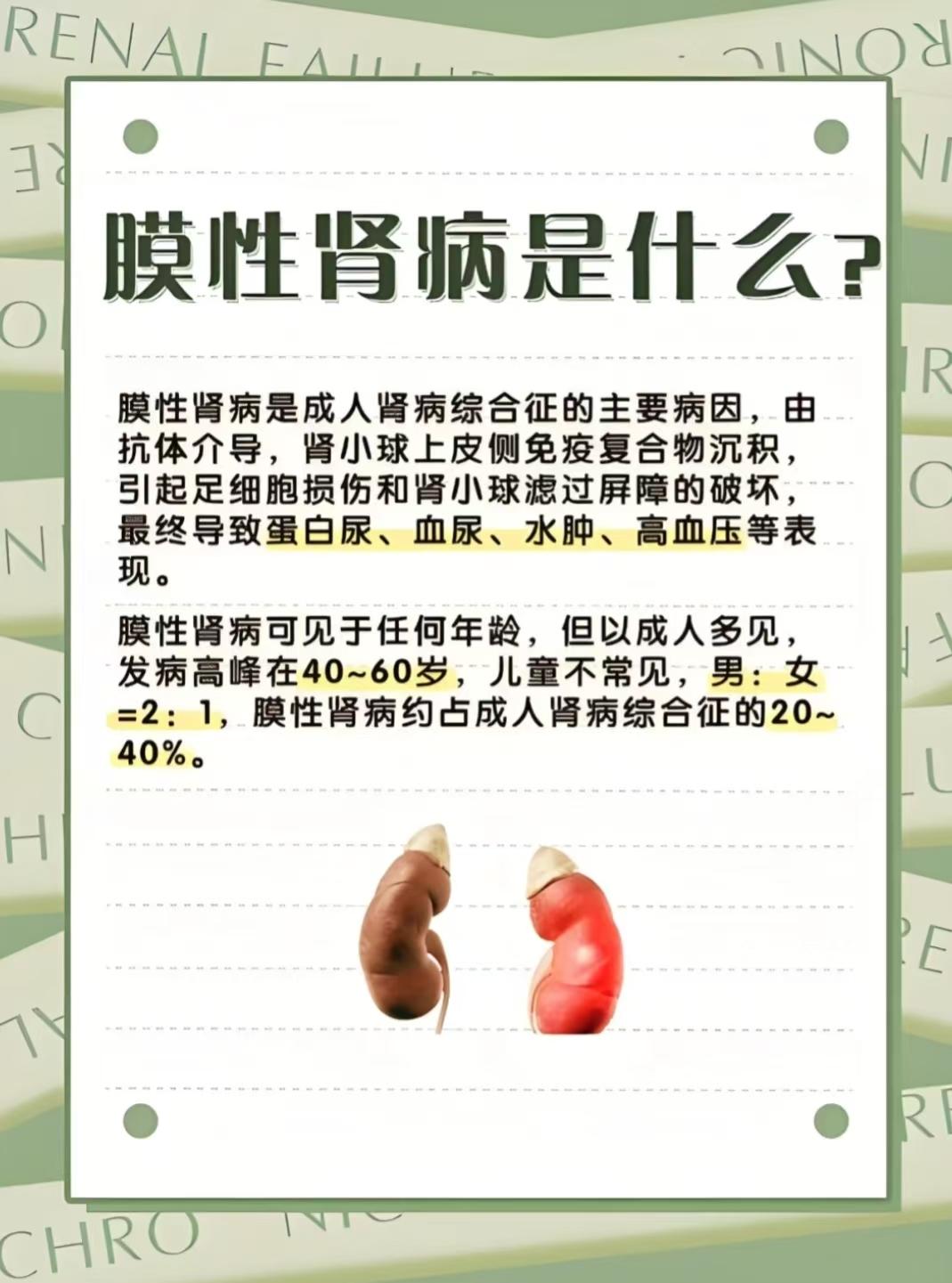 膜性肾病三连问，第二弹来啦
之前出过一期关于膜性肾病的小科普，大家对于膜性肾病还有其他的疑问，我总结了一些问题，单独出了一期，一起来看看吧。
膜性肾病是什么
膜性肾病是成人肾病综合征额主要病因，由抗体介导，肾小球上皮侧免疫复合物沉淀，引起足细菌损伤和肾小球滤过屏障的破坏，最终导致蛋白尿、血尿、水肿、高血压等表现。膜性肾病可见于任何年龄，但以成人多见，发病高峰在40~60岁，儿童不常见，男女比例=2:1，膜性肾病约占成人肾病综合征的20-40%。
膜性肾病有哪些并发症
1.感染
常见部位有呼吸道、泌尿系统、皮