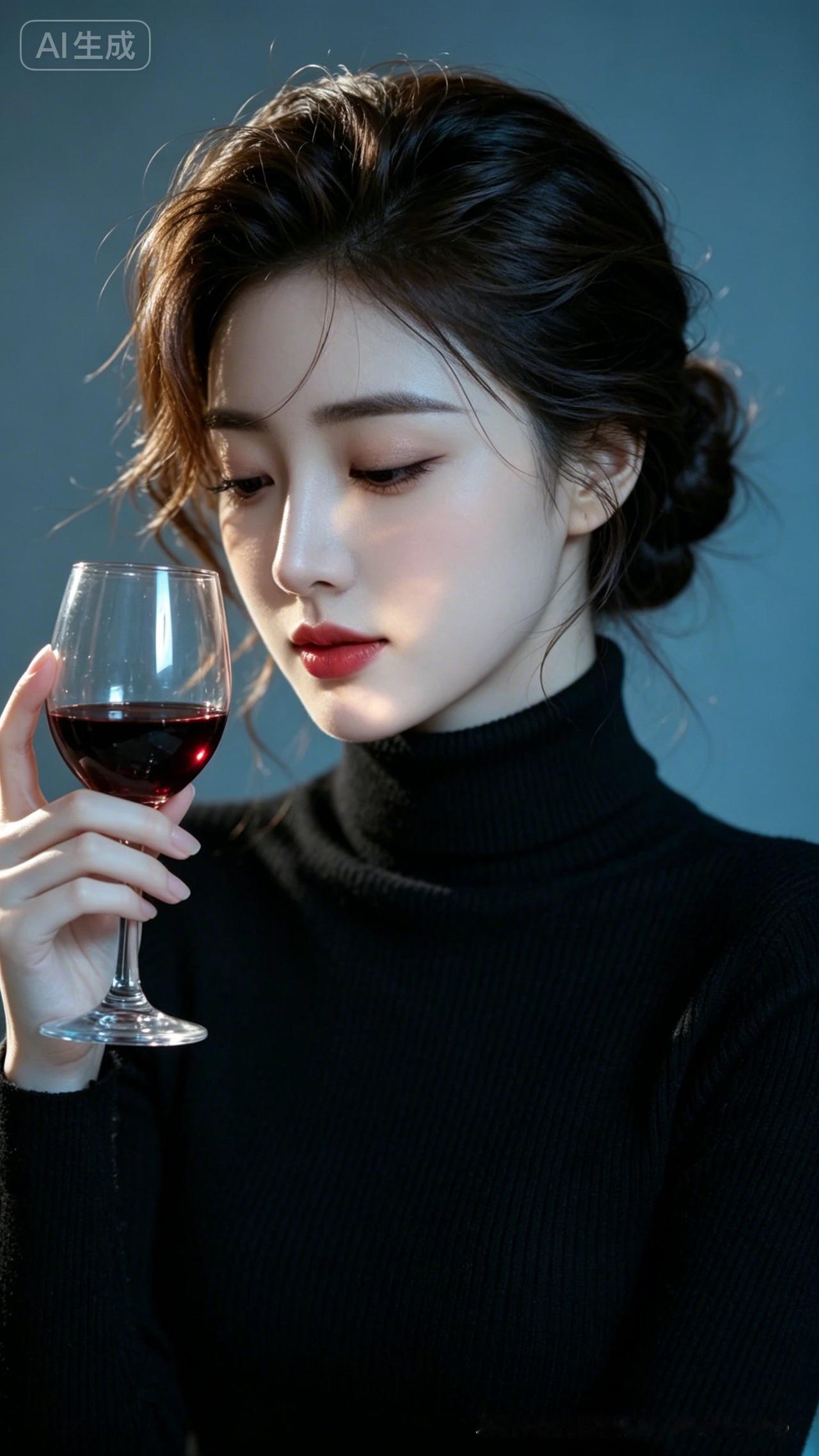 一位姑娘优雅地端着红酒杯。