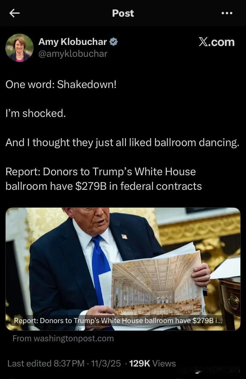 变相贿赂：给川普新建白宫宴会大厅捐款者总共获得了2790亿美元的联邦政府合同。