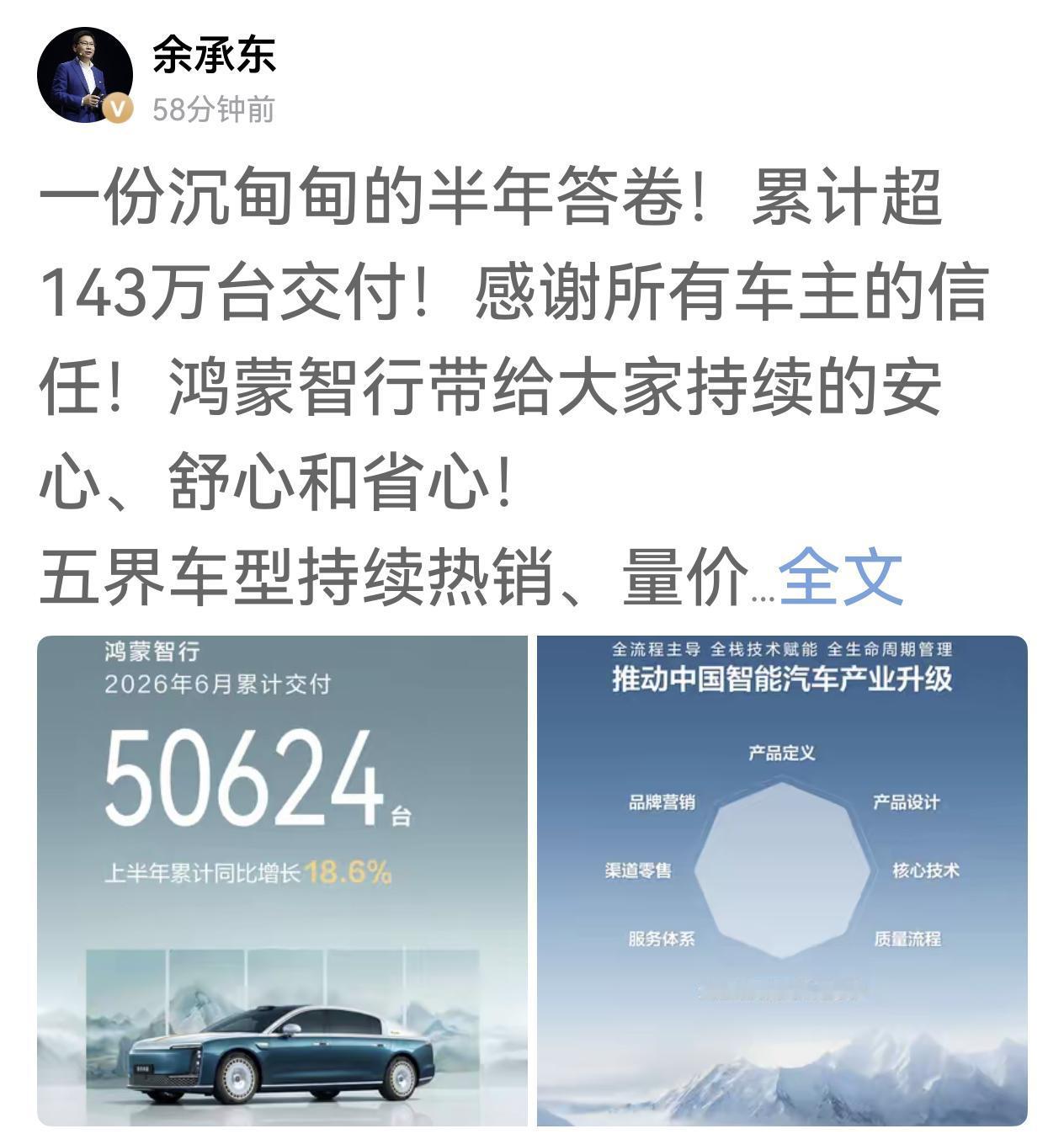 余承东刚发头条，一方面祝贺鸿蒙智行6月交付超5万台，上半年累计增长超18%；另一