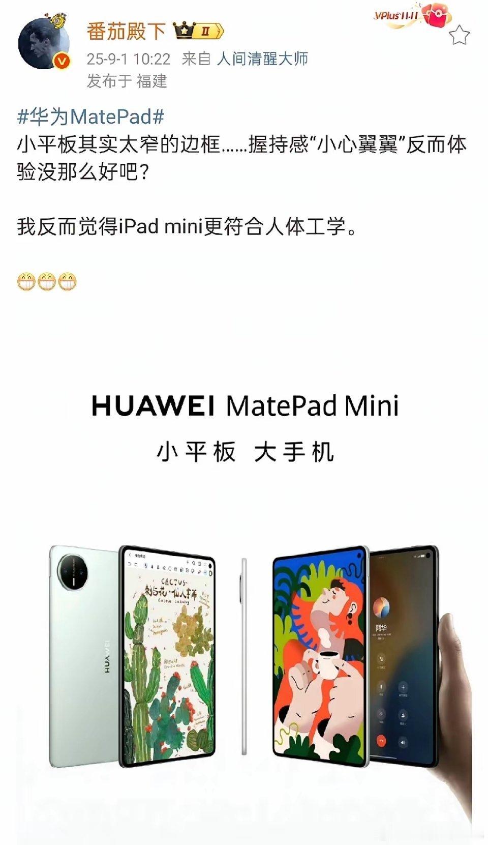 “番茄殿下”表示，小平板边框太窄，反而影响使用体验，相比之下iPad mini大
