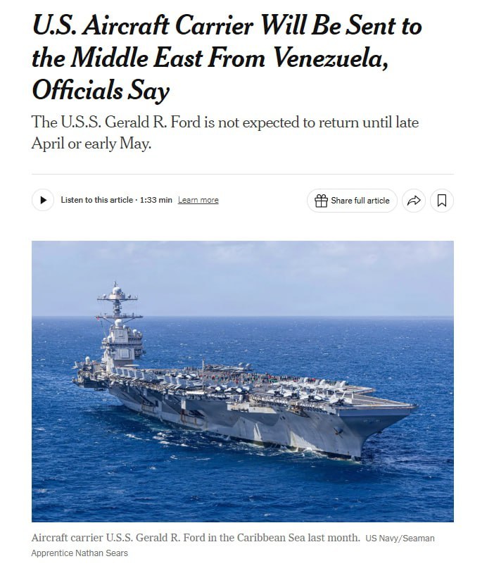 据《纽约时报》报道，美国海军“杰拉尔德·R·福特”号航母及其护航舰艇近期被部署至