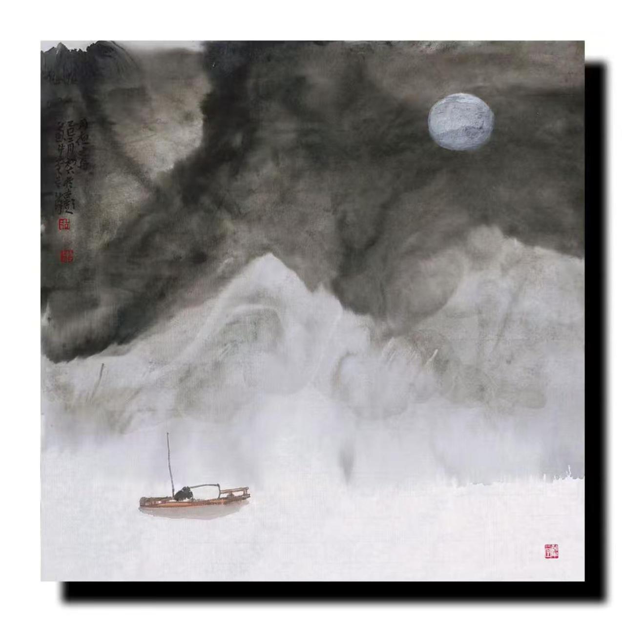 徐州胡云海淡彩淡墨写意山水画旧作。行舟山水 水墨传承 画中有诗意 水墨诗意画卷