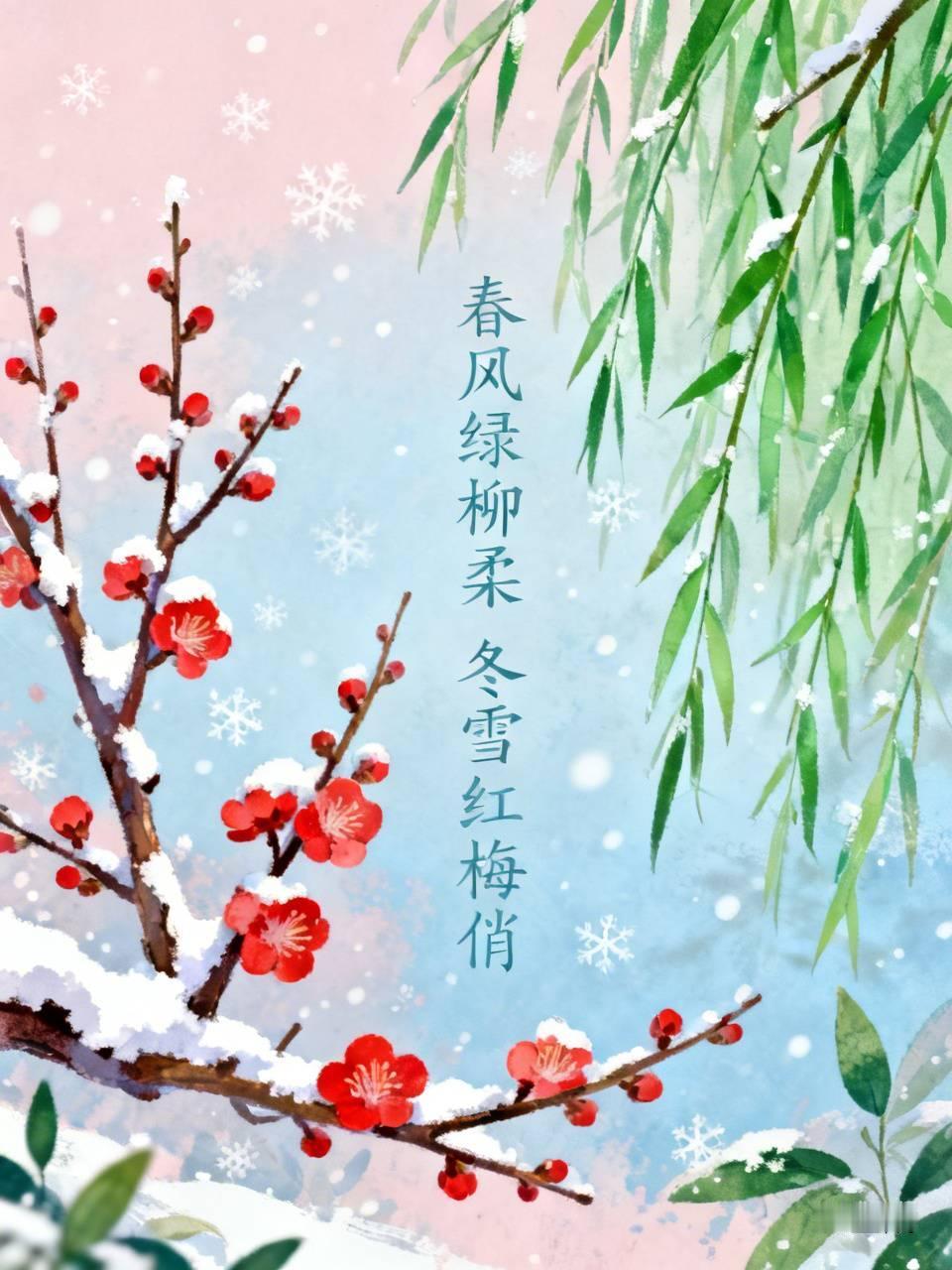 看到“冬雪红梅俏”这个下联，我脑海里瞬间浮现“春风绿柳柔”作为上联。
冬天里，雪