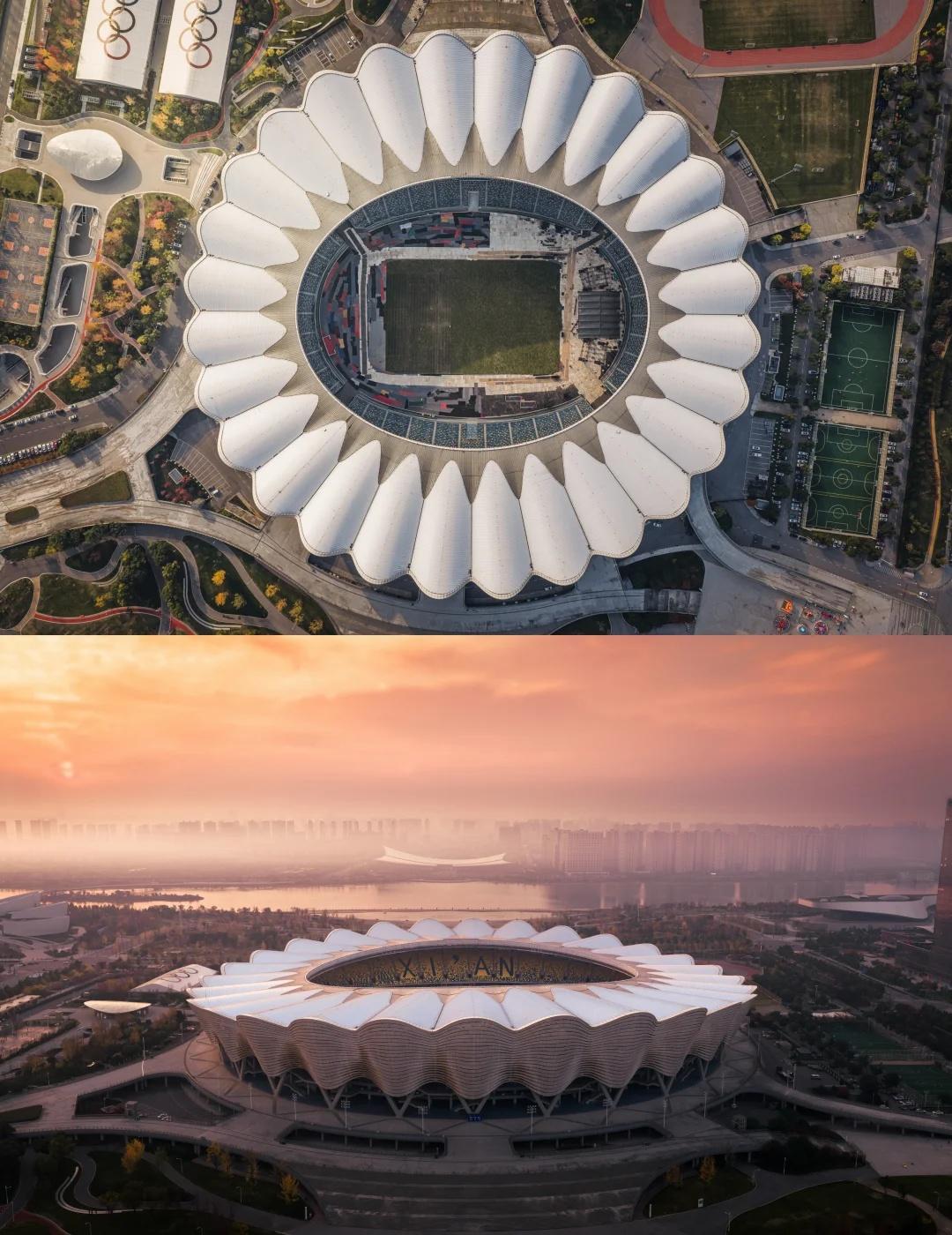 第十四届全运会主场馆 感受西安建筑的浪漫
无人机记录下的西安奥体中心的体育场，设
