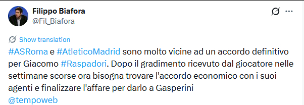 时报Biafora：罗马非常接近与马竞就拉斯帕多里达成最终协议，在过去几周得到了