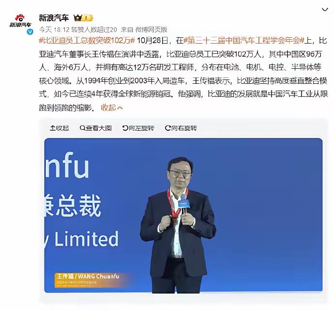王传福昨天领了汽车工业的最高奖，上台没先聊销量战绩，开口先报了个数字——比亚迪员