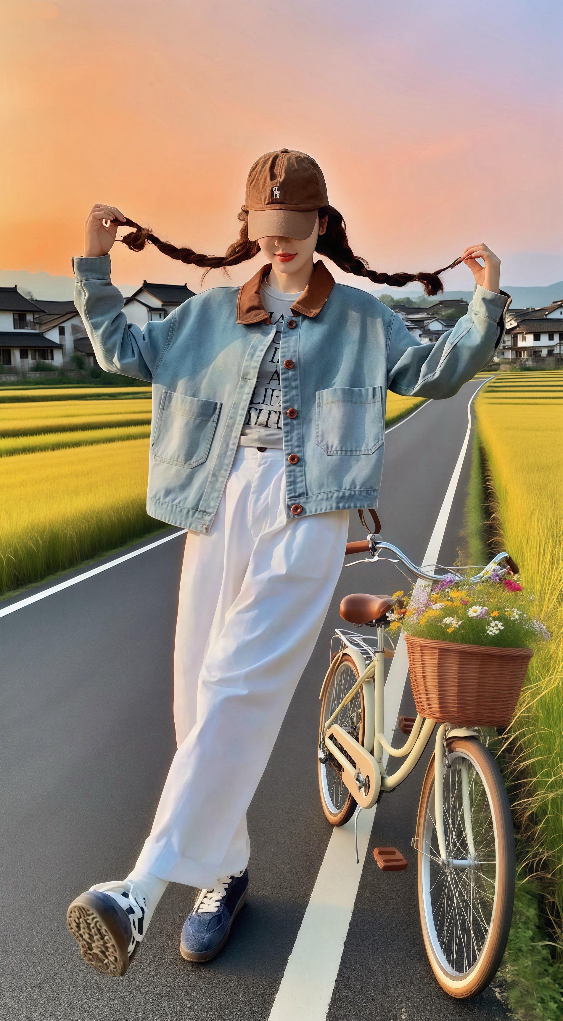 稻田间的邂逅。暮色浸染天际，她漫步在稻田间的小路。浅蓝牛仔外套碰撞棕色...