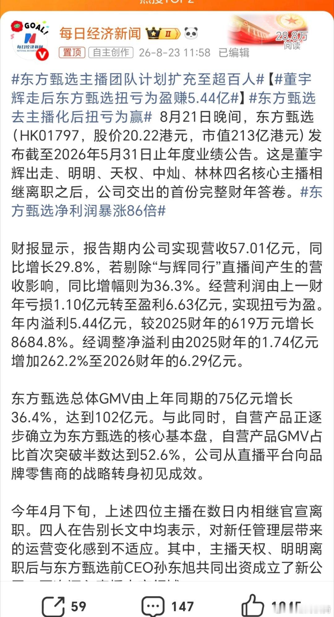 董宇辉走后东方甄选扭亏为盈赚5.44亿。啥意思？因为董宇辉，东方甄选一直亏的吗