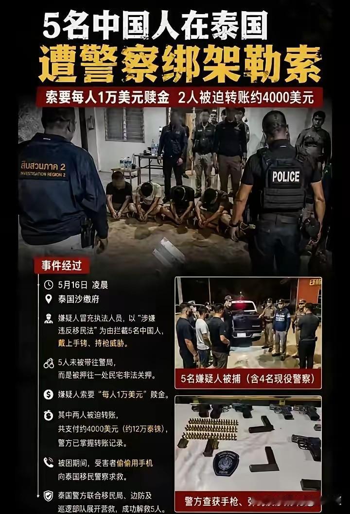 泰国警察这次捅大窟窿了，5名警察公然绑架中国人，被绑架者赎金达到一人要1万美元，