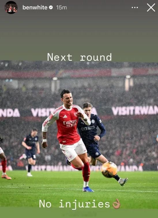 本怀特赛后发IG确认，他没有受伤。阿森纳