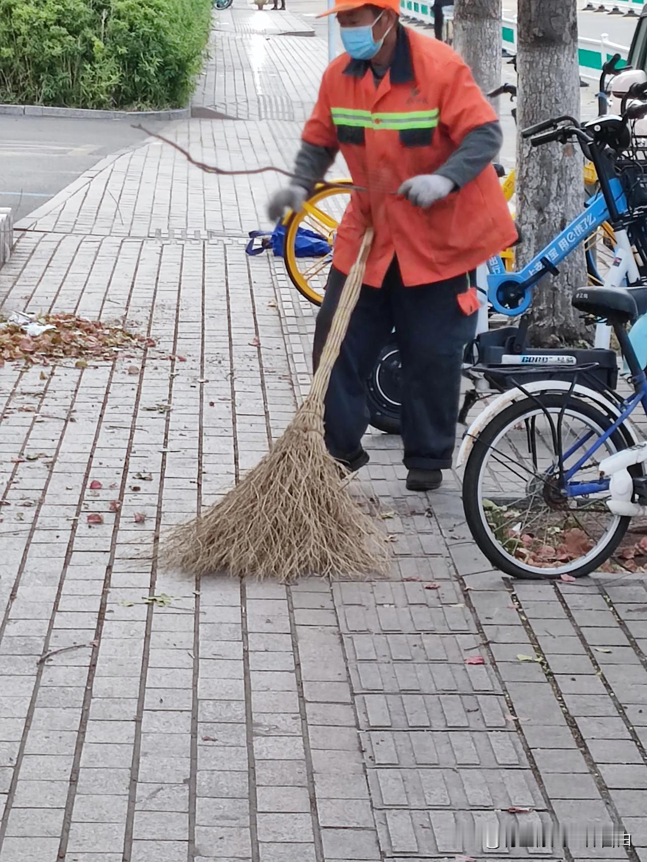 早上，还不到7点，环卫工人就快把道路清扫完了。气温已经降到最低5°。道路两边的树