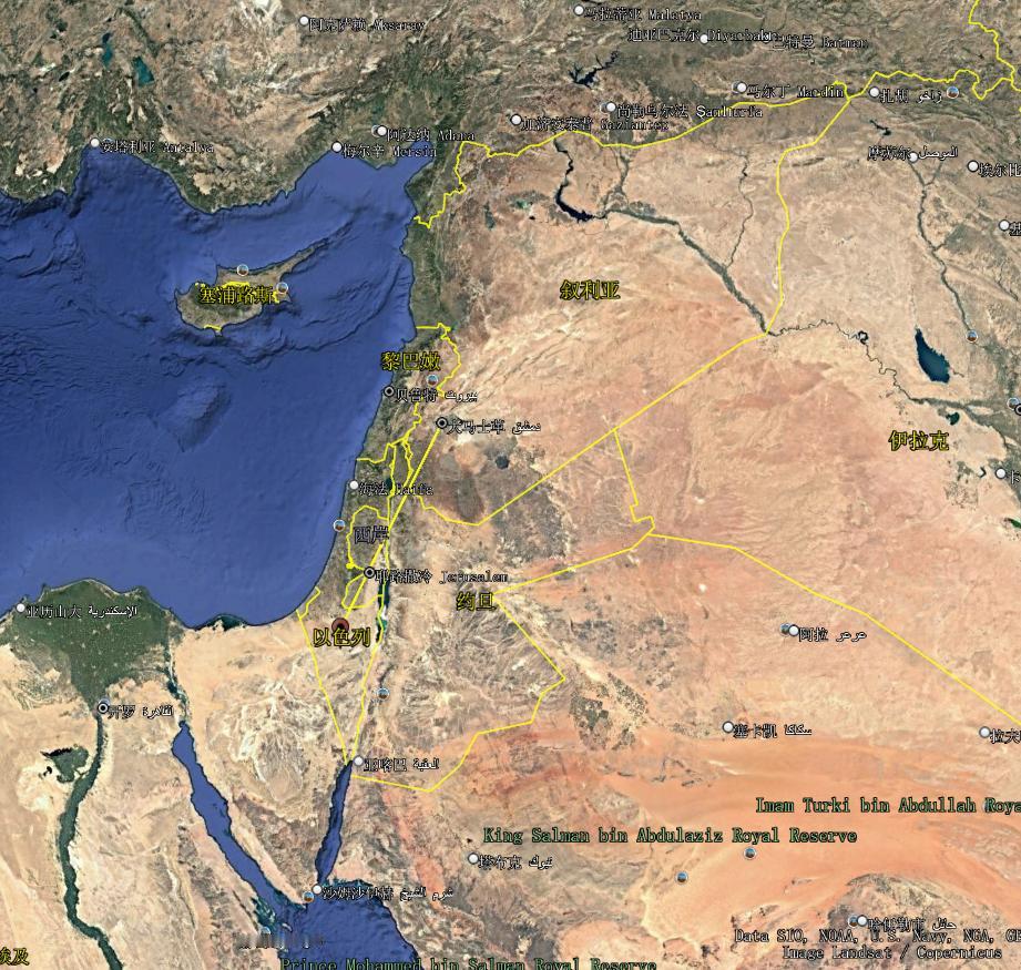 看了中东的地图，有好几个没想到的地方：

1、没想到叙利亚距离以色列那么近，两国