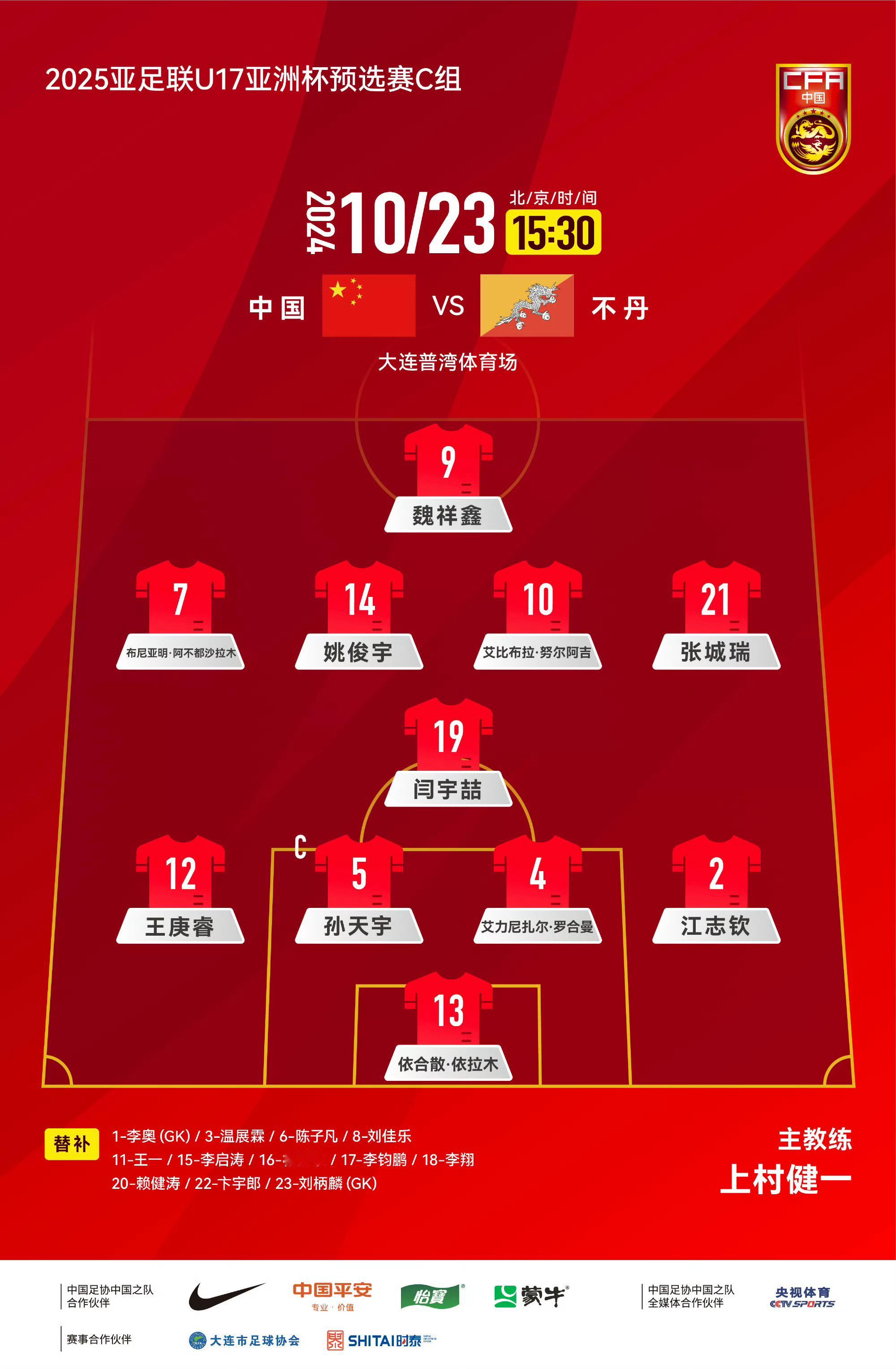 U17亚洲杯预选赛C组第3轮，U16中国6-0击败U16不丹。首轮比赛，中国队2