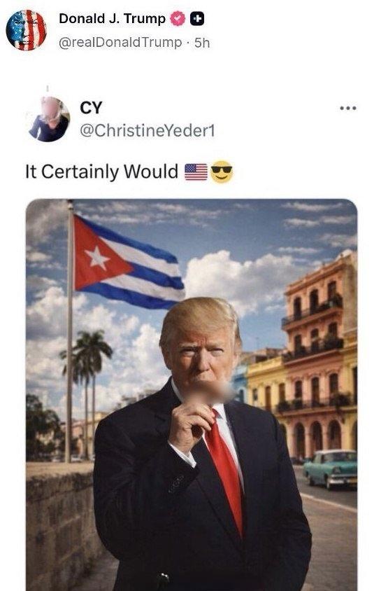 特朗普转发自己统治古巴的AI图 ​​​